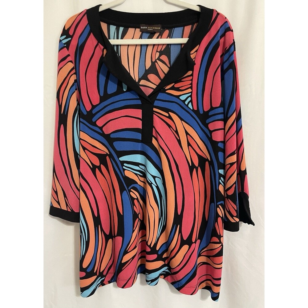 Artsy Abstract Pullover Vneck 3/4 Sleeve Slit Cuff Muliticolor Blouse Women’s 1X